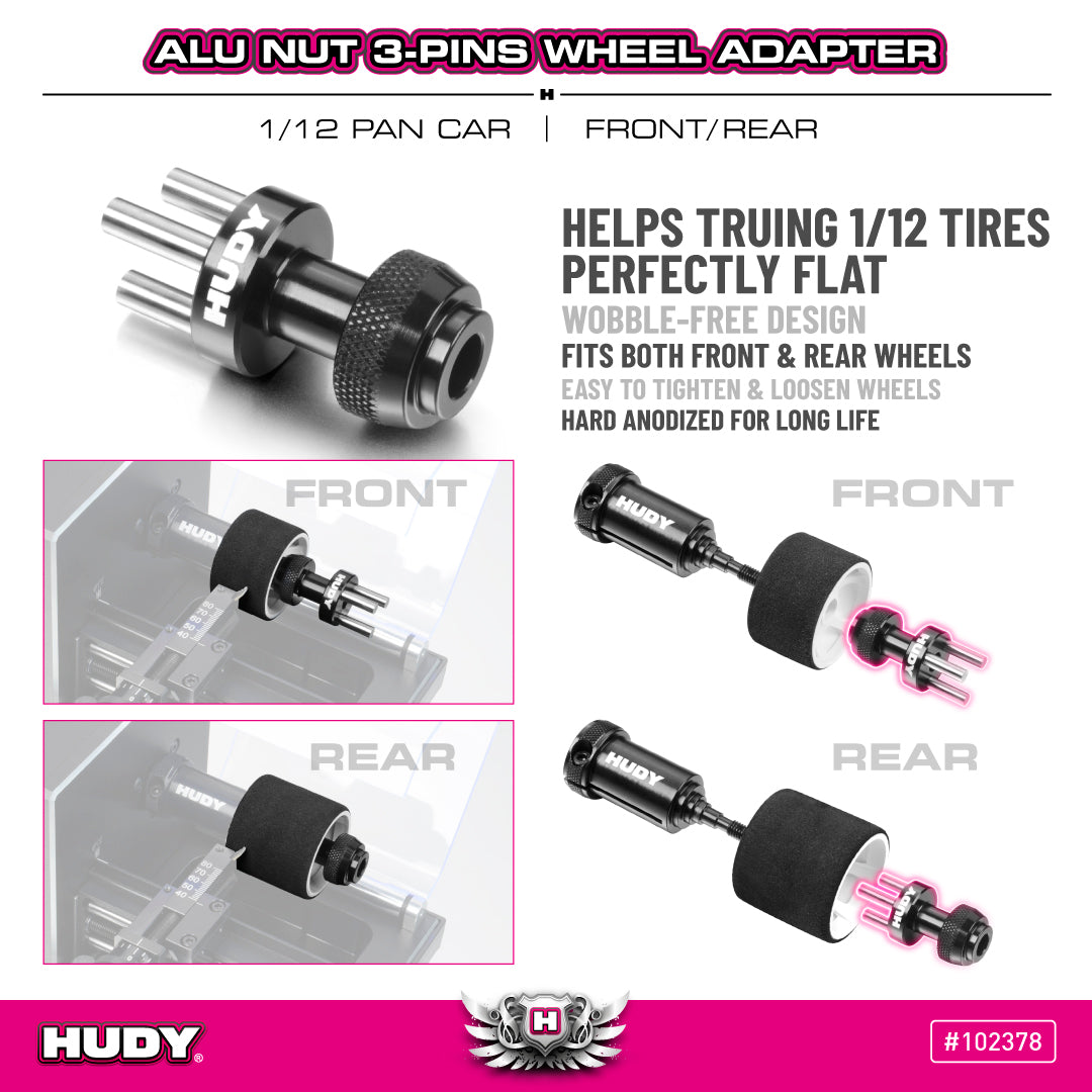 ALU NUT 3-PINS WHEEL ADAPTER - FRONT/REAR - 1/12 PAN CAR 102378