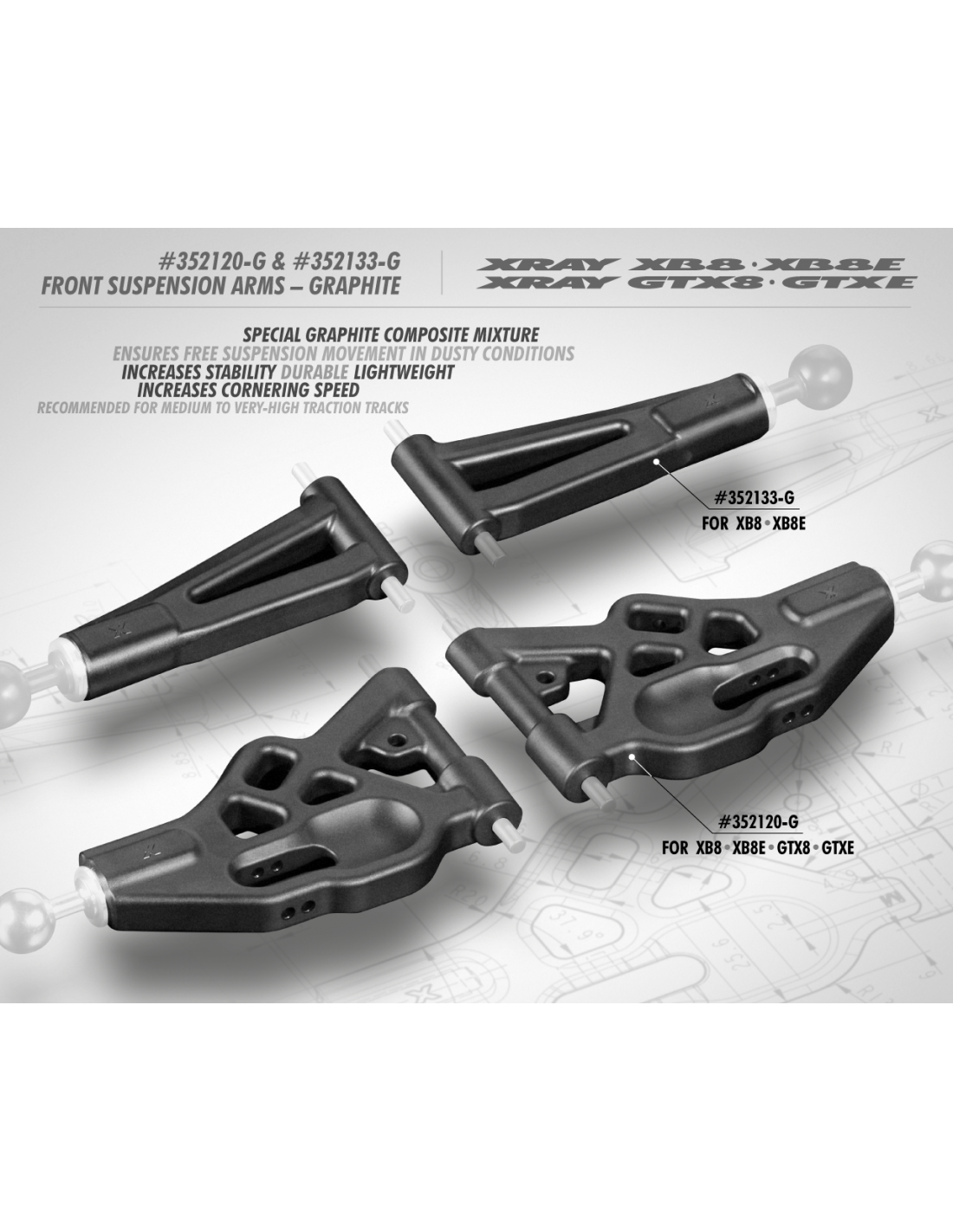 XB8 COMPOSITE FRONT LOWER SUSPENSION ARM - GRAPHITE