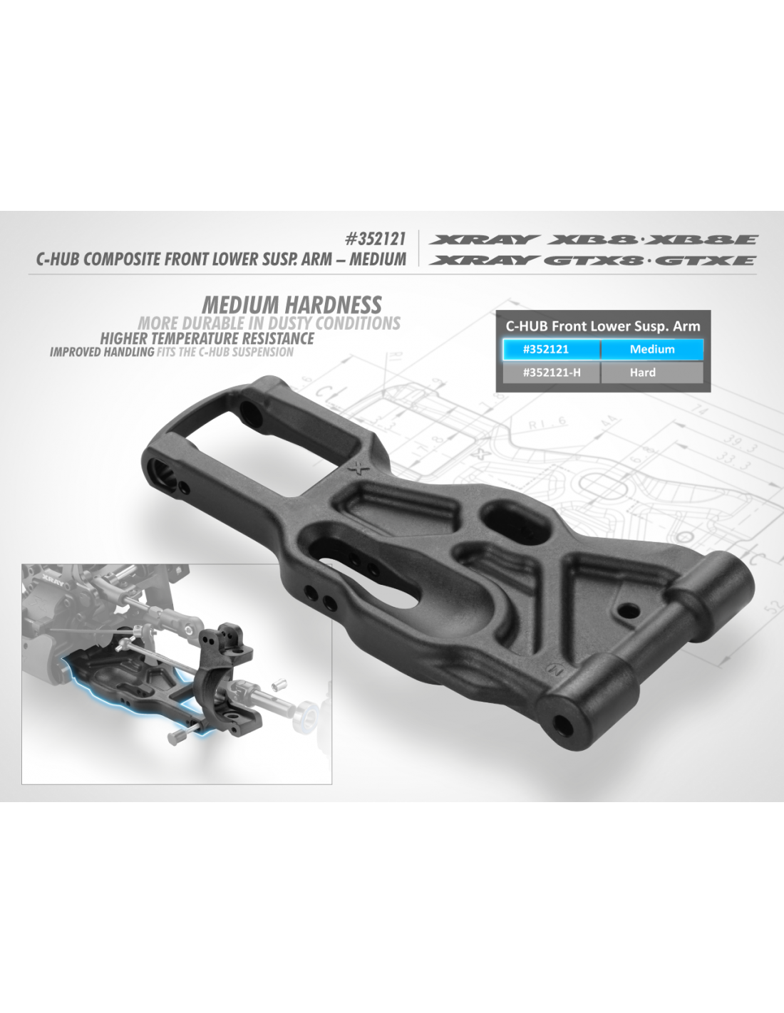 XB8 C-HUB COMPOSITE FRONT LOWER SUSPENSION ARM - MEDIUM