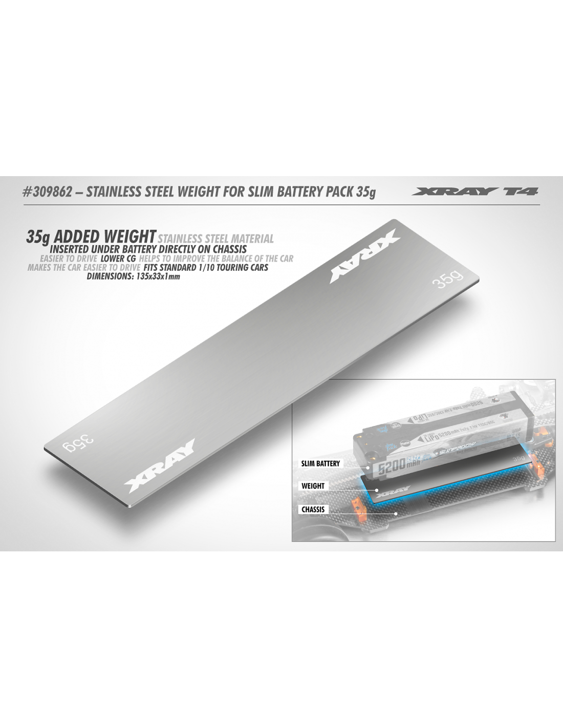 XRAY STAINLESS STEEL WEIGHT FOR SLIM BATTERY PACK 35G 309862
