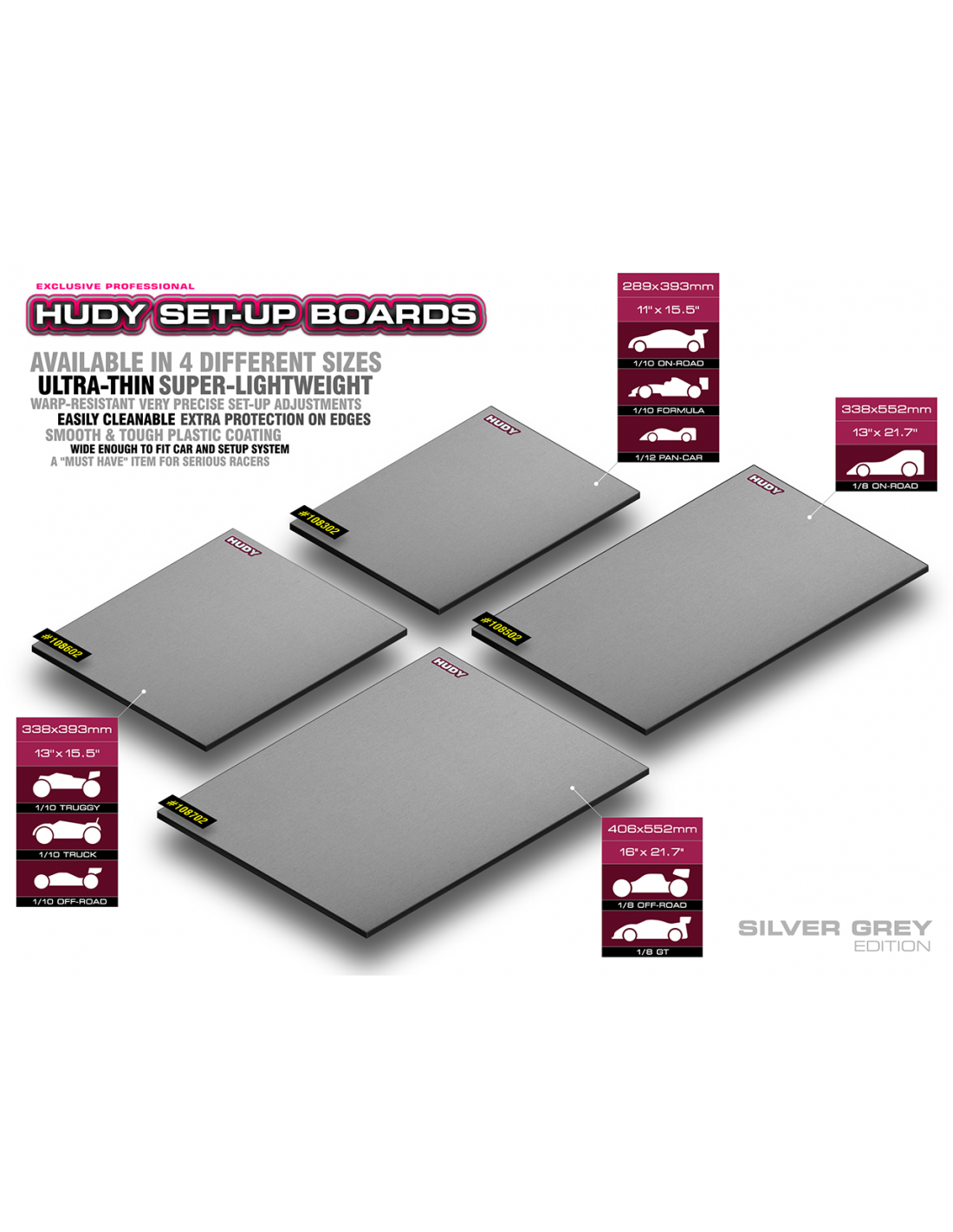 FLAT SET-UP BOARD 1/10 & 1/12 ON-ROAD - LIGHTWEIGHT - SILVER GREY