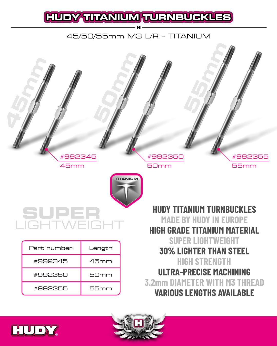 HUDY TITANIUM ADJUSTABLE TURNBUCKLE 50MM M3 L/R (2)